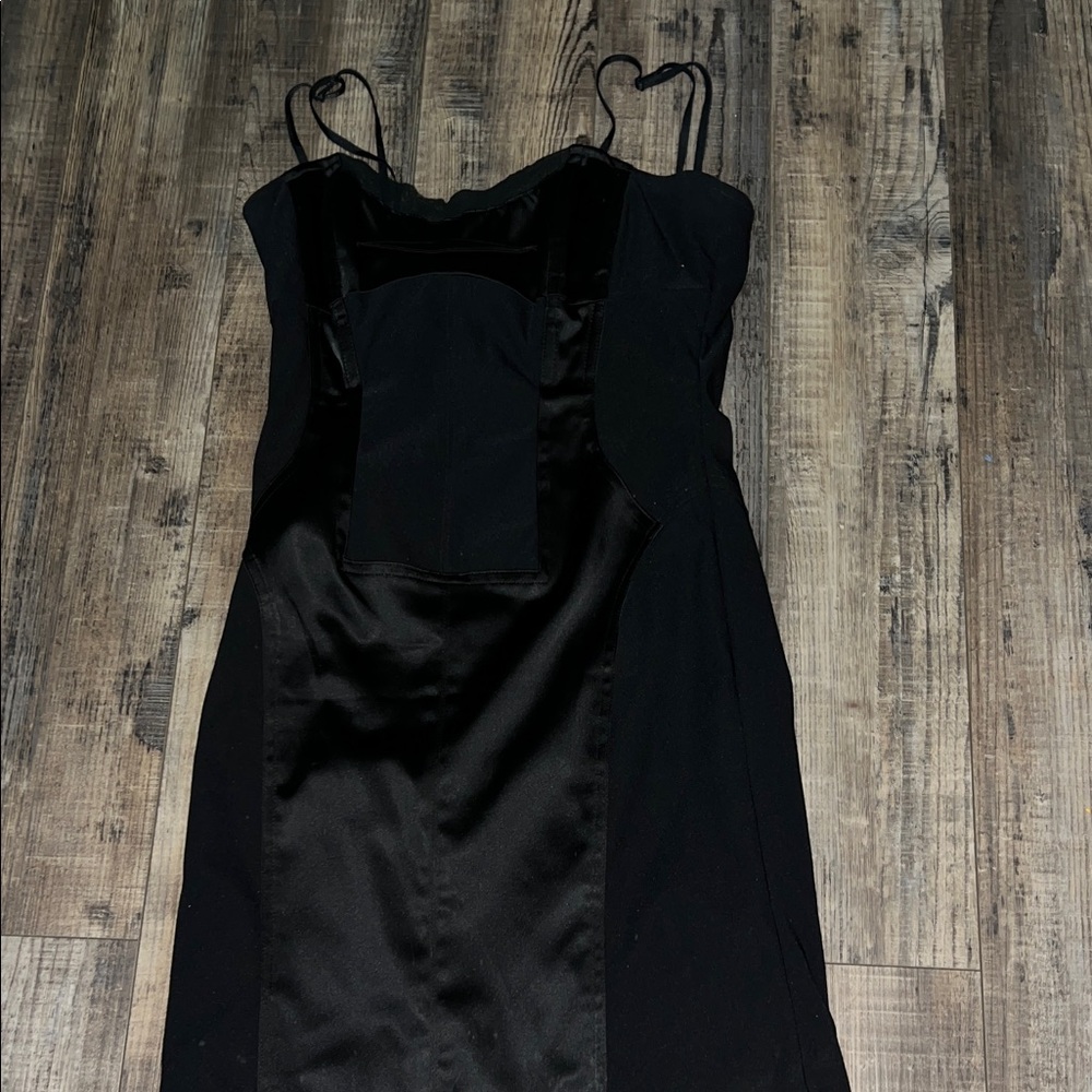 Strapless Black Satin-Panel Dress with Slim Straps